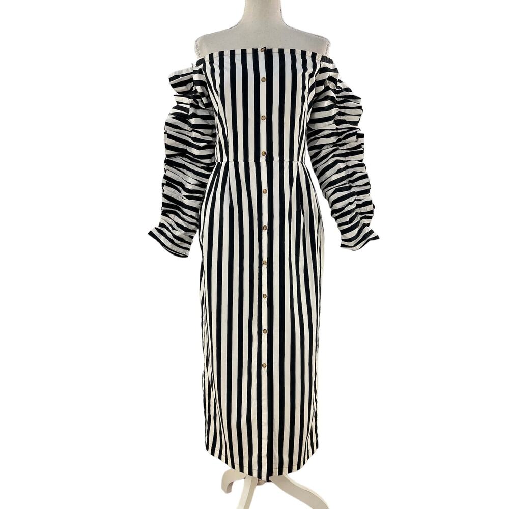 Anna October Off the Shoulder Stripe Dress Black White Midi Ruffle Sleeves